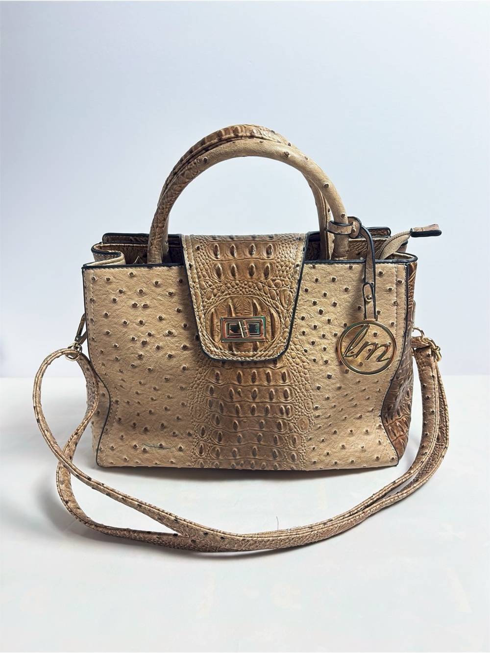 LM Boutique Beige Ostrich & Crocodile Embossed Satchel Crossbody Handbag